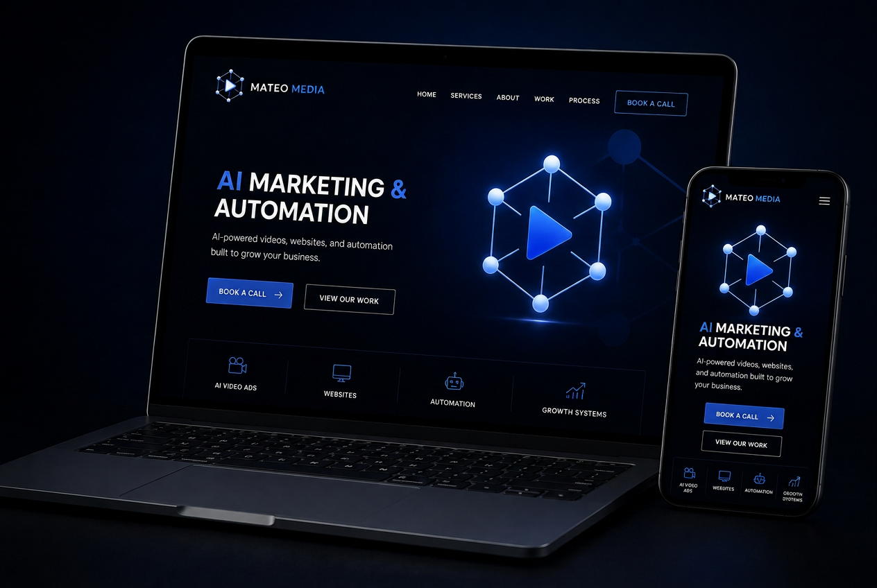 Mateo Media website design shown on laptop and phone